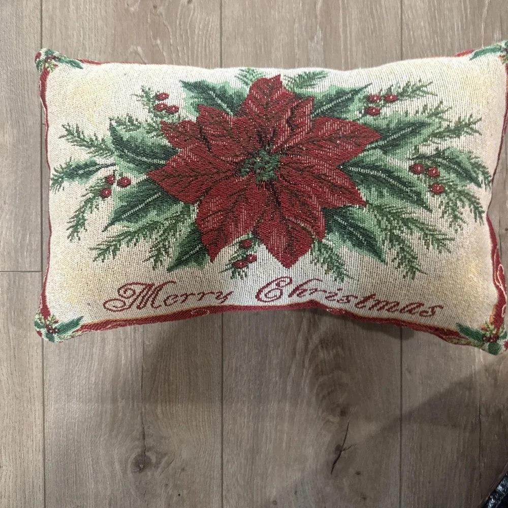 Luxury Christmas Poinsettia Tapestry Needlepoint Pillow‎ Pine Berries Mistletoe